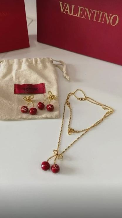 AMAZING CHERRYFIC METAL AND ENAMEL NECKLACE N EARRING