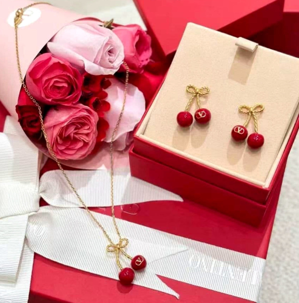 AMAZING CHERRYFIC METAL AND ENAMEL NECKLACE N EARRING