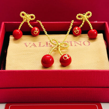 AMAZING CHERRYFIC METAL AND ENAMEL NECKLACE N EARRING