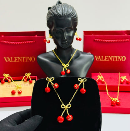 AMAZING CHERRYFIC METAL AND ENAMEL NECKLACE N EARRING