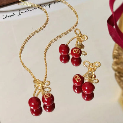 AMAZING CHERRYFIC METAL AND ENAMEL NECKLACE N EARRING